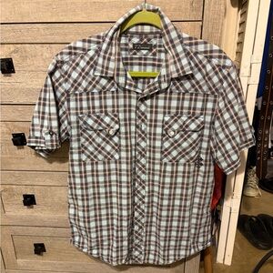 7 Diamonds Short-Sleeve Plaid Button-Down Shirt in Light Blue and Brown